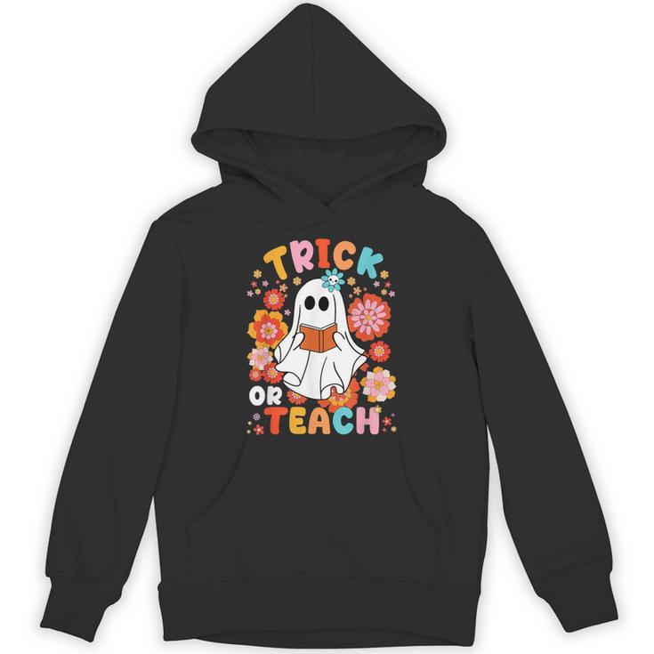 Groovy Halloween Trick Or Teach Retro Floral Ghost Teacher For Men Women Kids Unisex Hoodie