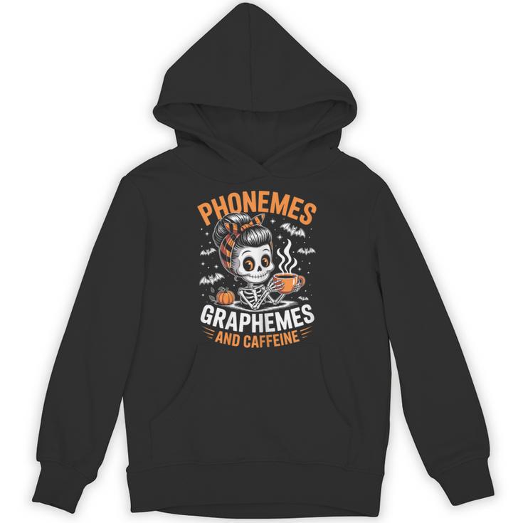 Halloween Skeleton Teacher Phonemes Graphemes Caffeine Lover Unisex Hoodie