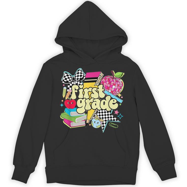 Retro First Grade Teacher Disco Ball Coquette Back To School Unisex Hoodie