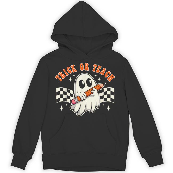 Trick Or Teach Groovy Retro Ghost Halloween Teacher Kids Unisex Hoodie