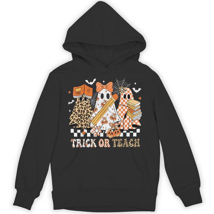 Trick Or Teach Groovy Teacher Halloween Floral Ghost Unisex Hoodie