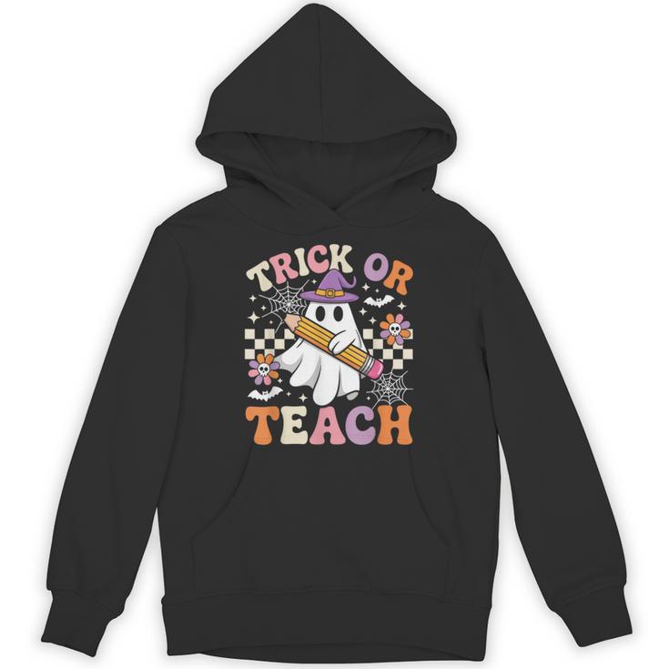 Trick Or Teach Groovy Teacher Halloween Retro Ghost Unisex Hoodie
