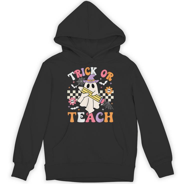 Trick Or Teach Groovy Teacher Halloween Retro Teacher Ghost Unisex Hoodie