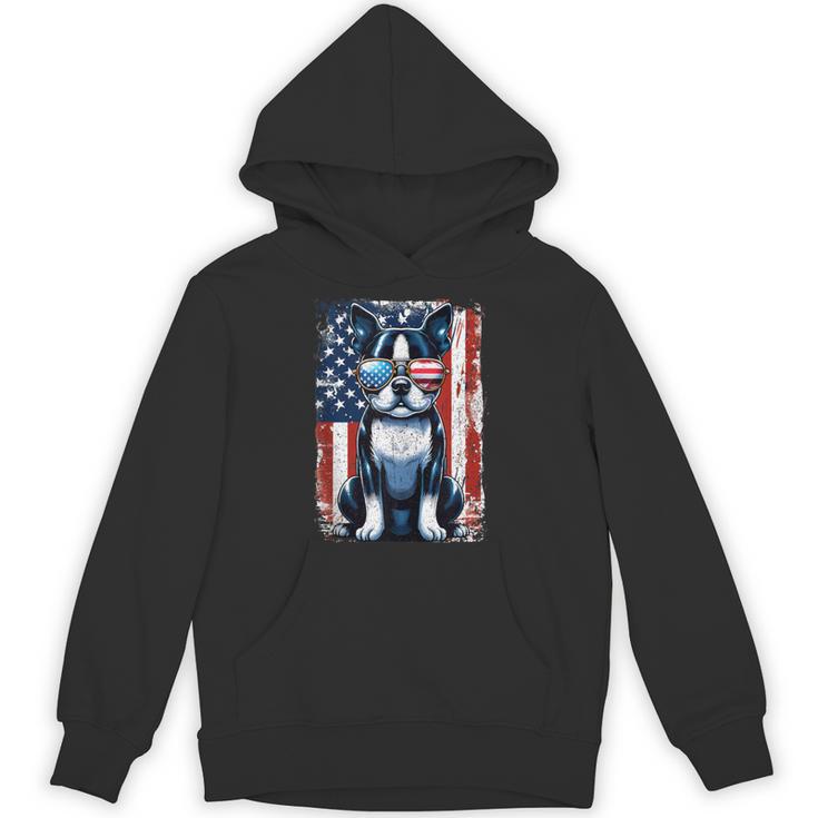 Vintage Boston Terrier Dog American USA US Flag Pets Lovers Unisex Hoodie