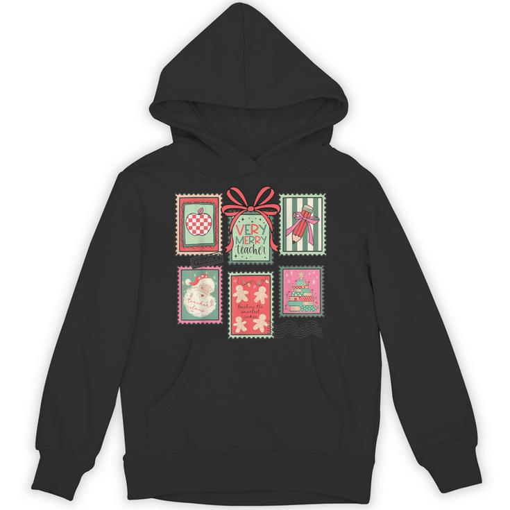 Vintage Preppy Very Merry Teacher Santa Stamps Christmas Unisex Hoodie, trending gift
