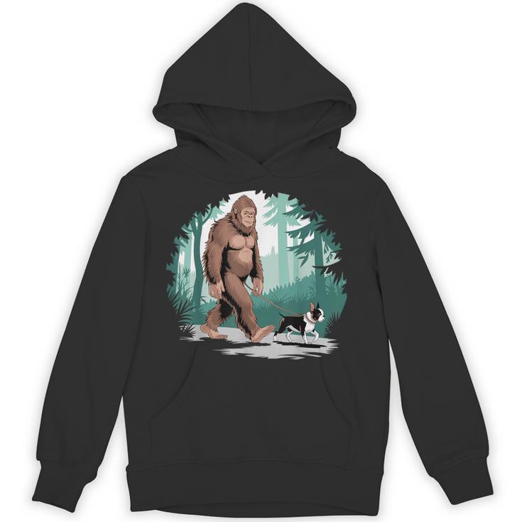 Whimsical Forest Adventures Sasquatch Bigfoot Walking Boston Terrier Dog Lovers Unisex Hoodie