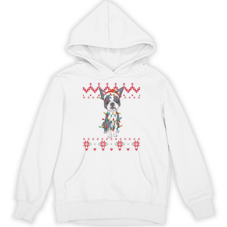 Boston Terrier Dog Santa Hat Men Kids Ugly Christmas Light Unisex Hoodie