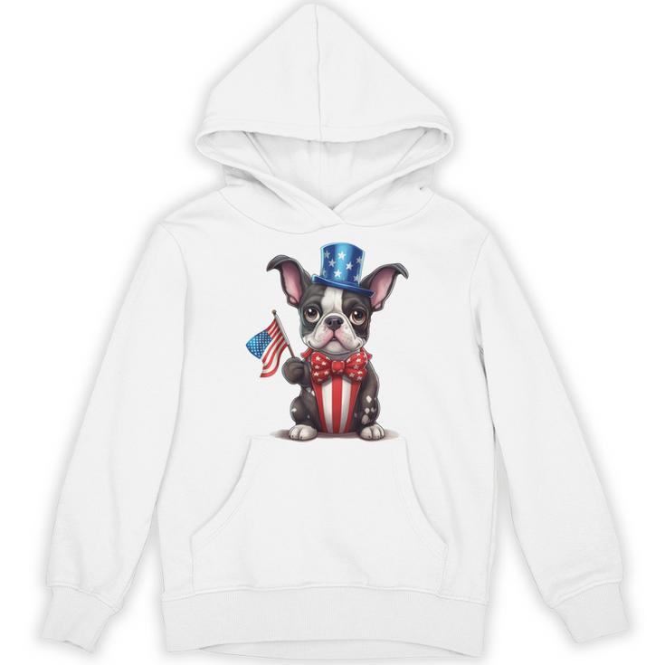 Boston Terrier Puppy Dog Holds His American Flag 4th Of July Unisex Hoodie