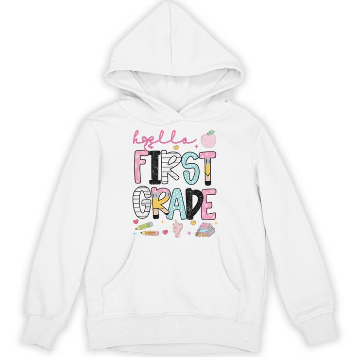 Hello First Grade Teacher Coquette Pencil Bow Back To School Unisex Hoodie