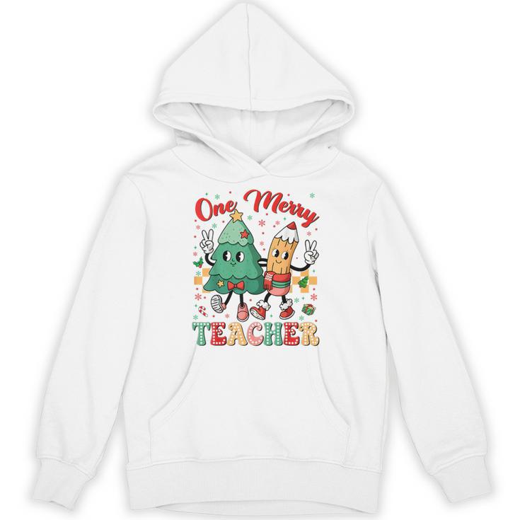 One Merry Teacher Groovy Christmas Tree Pjs Xmas Teacher Unisex Hoodie