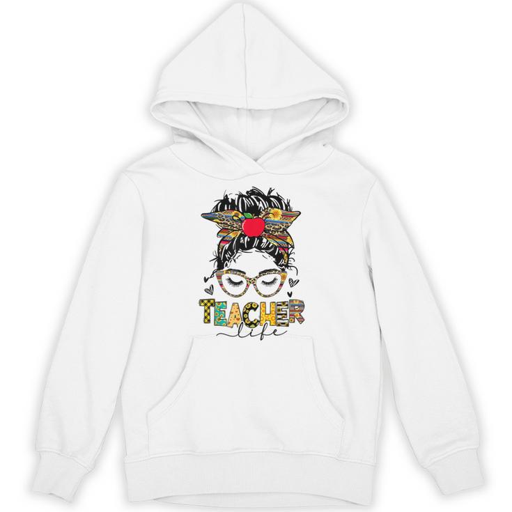 Teacher Life Messy Bun Glasses Leopard Sunflower Unisex Hoodie