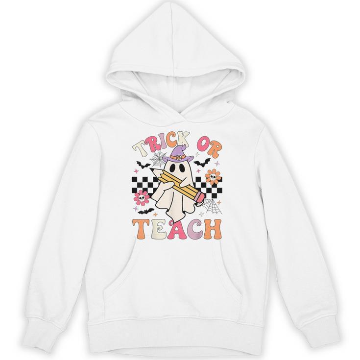 Trick Or Teach Groovy Teacher Halloween Retro Floral Ghost Unisex Hoodie