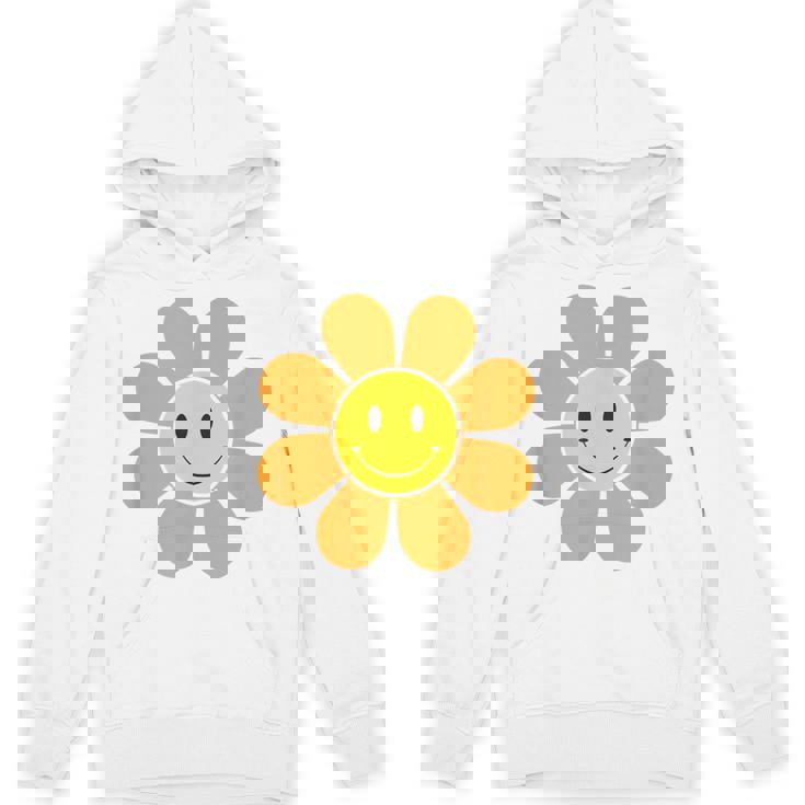 オレンジ70年代レトロファンキーフラワー、イエロースマイルフェイス パーカー