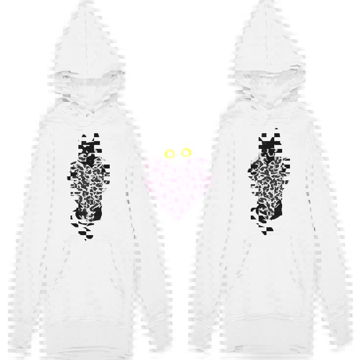 ピンクのヒョウ柄ハートを持つ黒猫 パーカー