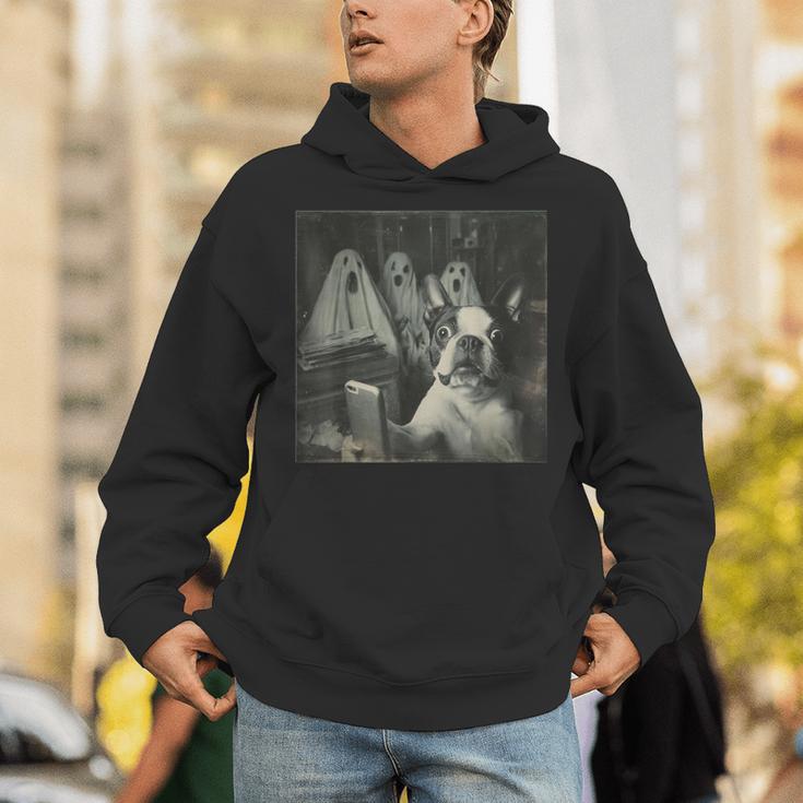 Boston Terrier Selfie With Ghosts Halloween Dog Lover Unisex Hoodie, Boston Terrier Halloween Hoodies, funny gift