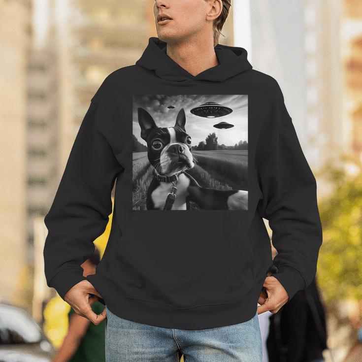 Boston Terrier Graphic Selfie With UFOs Weird Aliens Unisex Hoodie, funny gift