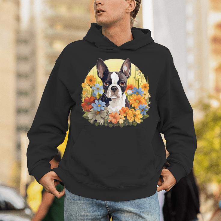 Cute Boston Terrier Spring Flower Garden Colorful Puppy Dog Unisex Hoodie, funny gift