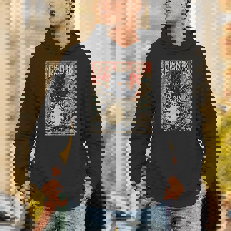 猫 演奏 ドラム ロック オン ヴィンテージ ロック ドラマー 猫 長袖tシャツ パーカー