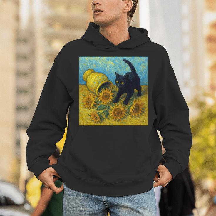 面白いゴッホのひまわり、猫のミーム、黒猫のアート。 長袖tシャツ パーカー