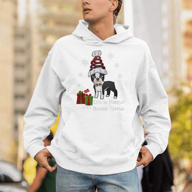 Boston Terrier Christmas T Shirt-Life Is Merrier Premium Tri-Blend Unisex Hoodie, Boston Terrier Christmas Hoodies, funny gift