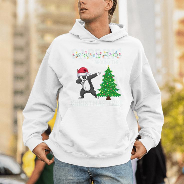 Boston Terrier Santa Hat Dabbing Around The Christmas Tree Unisex Hoodie, Boston Terrier Christmas Hoodies, funny gift