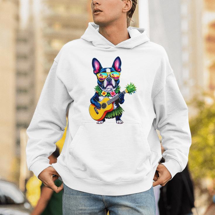 Hawaiian Boston Terrier & Pineapple Ukulele Summer Vacation Unisex Hoodie, funny gift