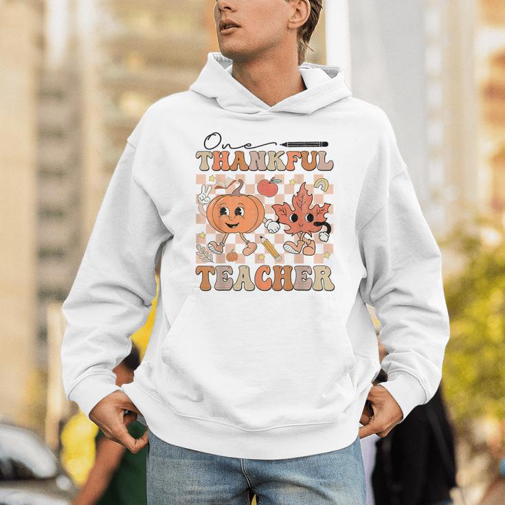 One Thankful Teacher Thanksgiving Groovy Fall Autumn Teacher Unisex Hoodie, Groovy Teacher Hoodies, funny gift