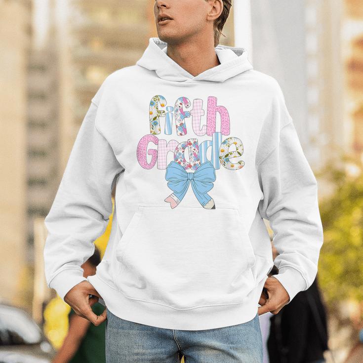 Preppy Fifth Grade Teacher Blue Floral Coquette Pencil Bow Unisex Hoodie, funny gift