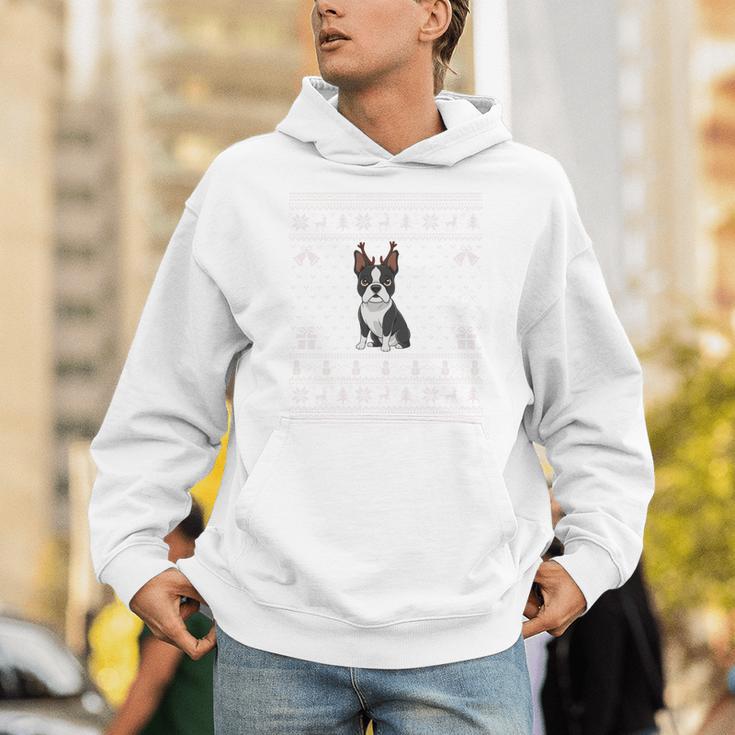 Ugly Xmas Sweater Style Boston Terrier Reindeer Christmas Unisex Hoodie, Boston Terrier Christmas Hoodies, funny gift