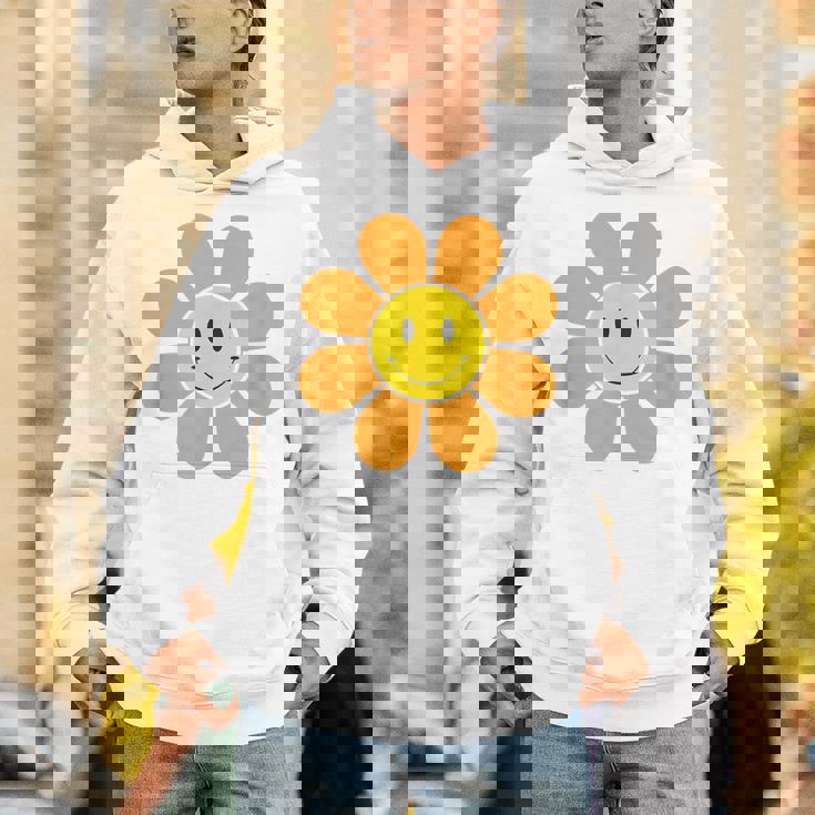 オレンジ70年代レトロファンキーフラワー、イエロースマイルフェイス パーカー