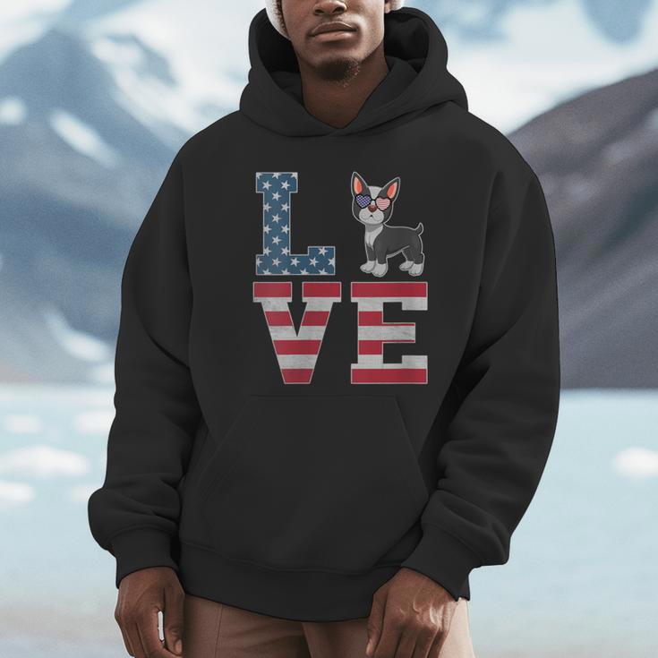 4th Of July Decor Patriotic LOVE Boston Terrier USA Flag Unisex Hoodie, novelty gifts, funny gifts