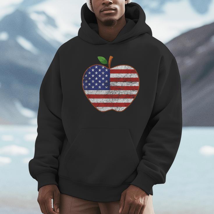 American Flag Teachers Students Apple 4th Of July Vintage Unisex Hoodie, novelty gifts, funny gifts