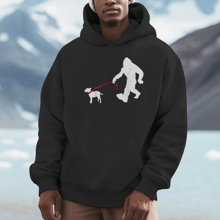 Bigfoot Walking With Bull Terrier Dog Unisex Hoodie, novelty gifts, funny gifts