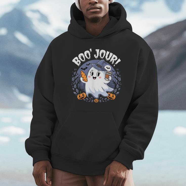 Boo Jour Ghost Halloween French Teacher Cute Coffe Croissant Unisex Hoodie, novelty gifts, funny gifts