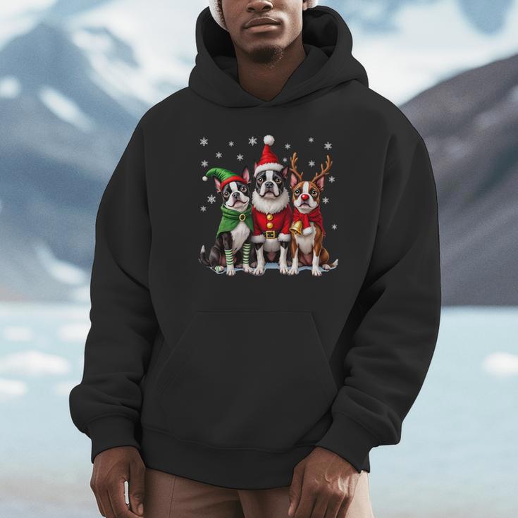 Boston Terrier Christmas Dogs Santa Reindeer Elf Unisex Hoodie, novelty gifts, funny gifts