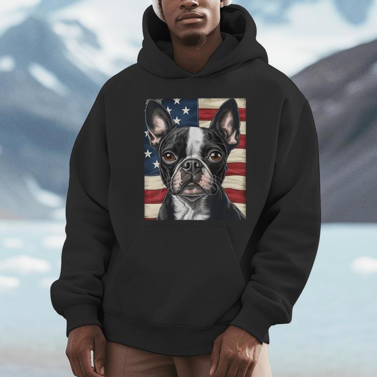 Boston Terrier Dog American Flag 4th Of July Patriotic Puppy Unisex Hoodie, novelty gifts, funny gifts