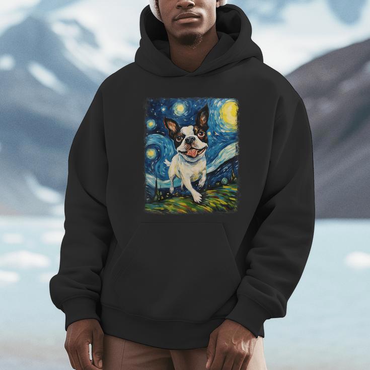 Boston Terrier Dog Starry Night Painting Unisex Hoodie, novelty gifts, funny gifts
