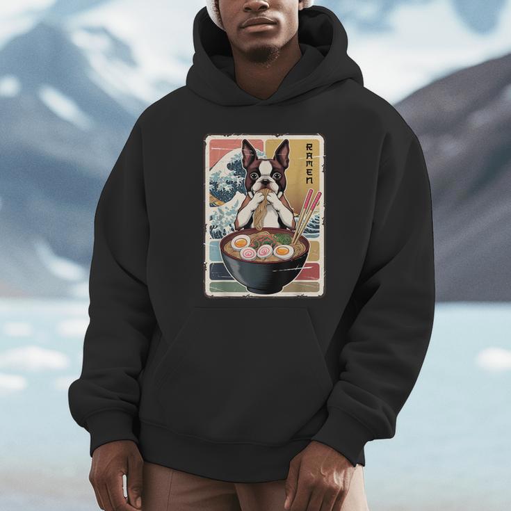 Boston Terrier Ramen Noodles Japanese Art Retro Ocean Waves Unisex Hoodie, novelty gifts, funny gifts