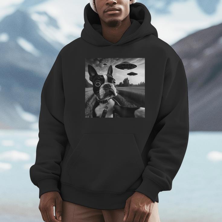 Boston Terrier Graphic Selfie With UFOs Weird Aliens Unisex Hoodie, novelty gifts, funny gifts