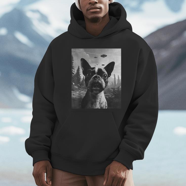 Dog Mom Dad Alien Selfie Boston Terrier UFO For Men Women Unisex Hoodie, novelty gifts, funny gifts