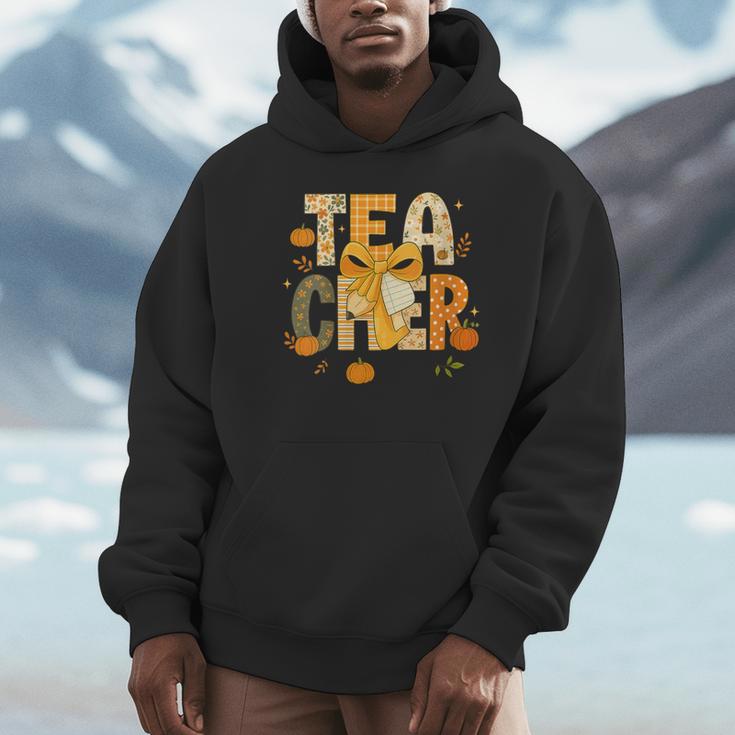 Fall Teacher Pumpkin Coquette Bow Autumn Classroom Unisex Hoodie, novelty gifts, funny gifts
