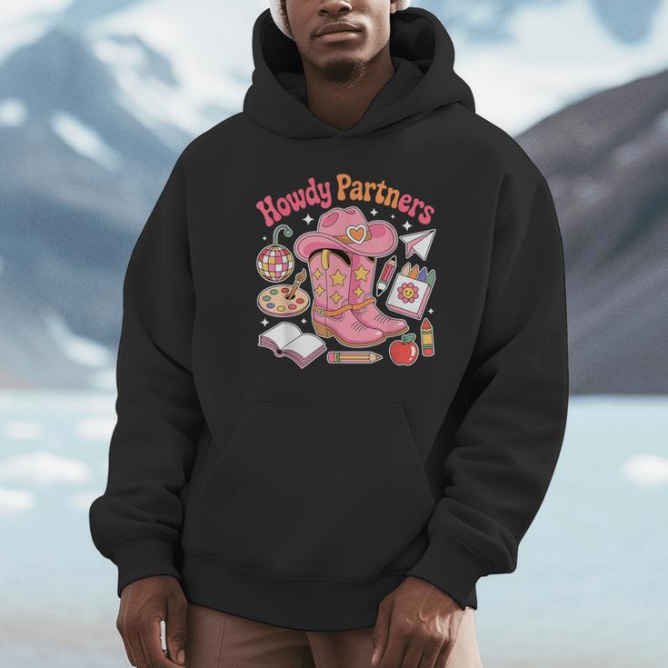 Retro Howdy Partners Cowgirl Cowboy Teacher Back To School Unisex Hoodie, novelty gifts, funny gifts