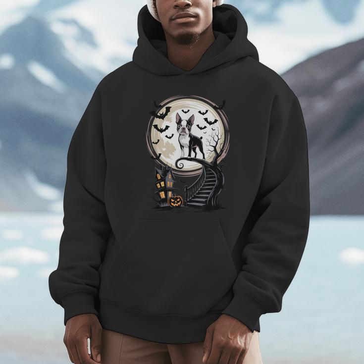 Spooky Halloween Moon Boston Terrier Boston Bull Bostie Unisex Hoodie, novelty gifts, funny gifts