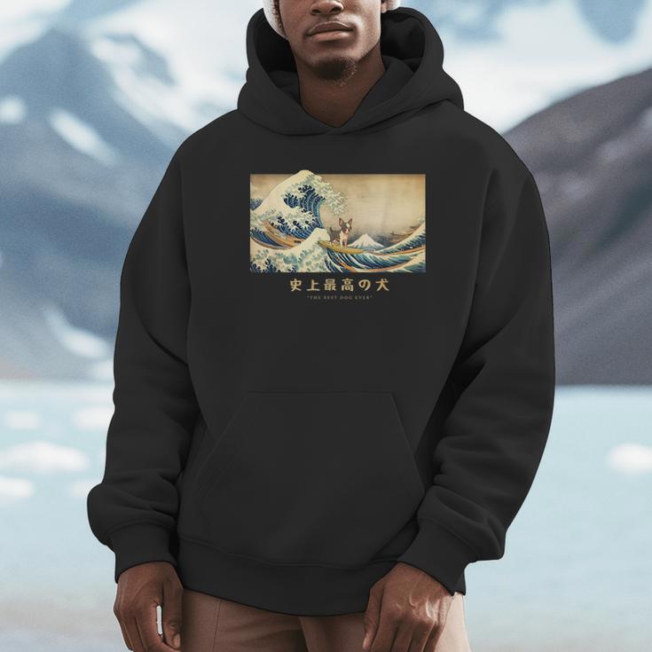 Surfing Boston Terrier Kanagawa Wave Japanese Dog For Men Women Kids Unisex Hoodie, novelty gifts, funny gifts