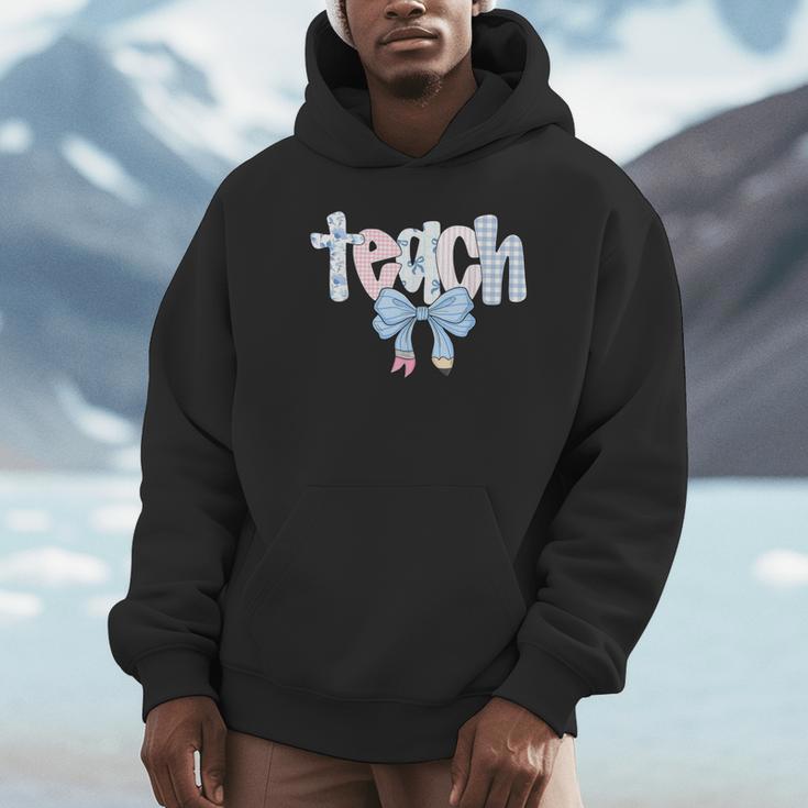 Teach Teacher Coquette Bow Pencil Back To School First Day Unisex Hoodie, novelty gifts, funny gifts Teach Teacher Coquette Bow Pencil Back To School First Day Unisex Hoodie, novelty gifts, funny gifts