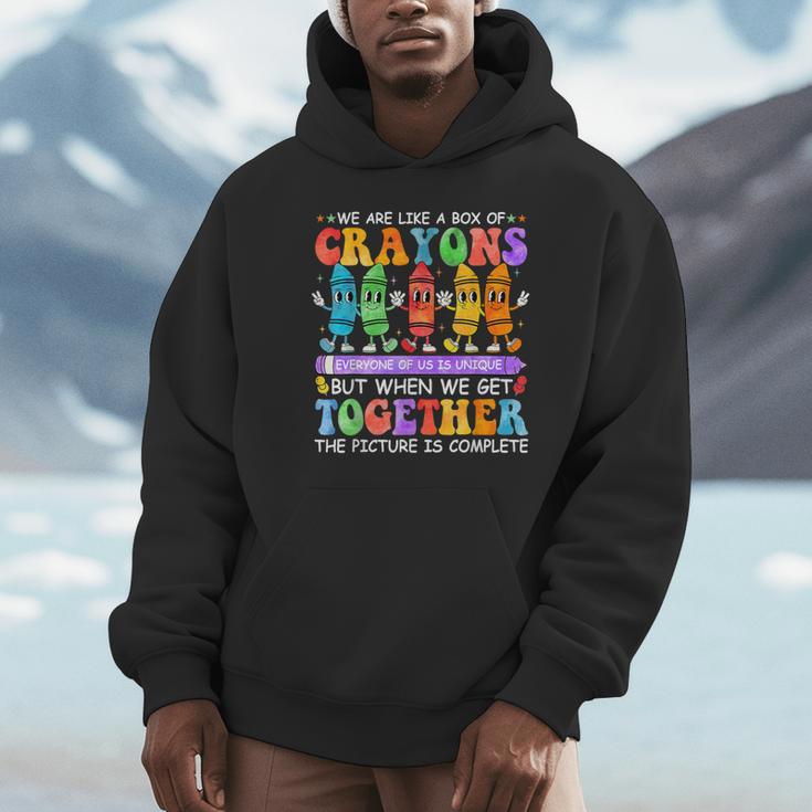 Teacher We Are Like A Box Of Crayons Back To School Men Women Kids Unisex Hoodie, novelty gifts, funny gifts