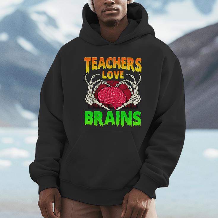 Teacher Teachers Love Brains Skeleton Hand Heart Halloween Unisex Hoodie, novelty gifts, funny gifts