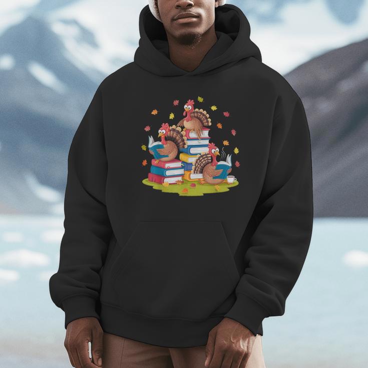 Turkey Reading Books Fall Season Thanksgiving Teacher Book Unisex Hoodie, novelty gifts, funny gifts