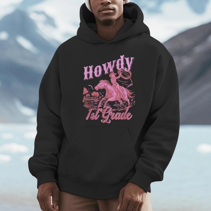 Vintage Howdy First Grade Cowgirl Teacher Western School Unisex Hoodie, novelty gifts, funny gifts