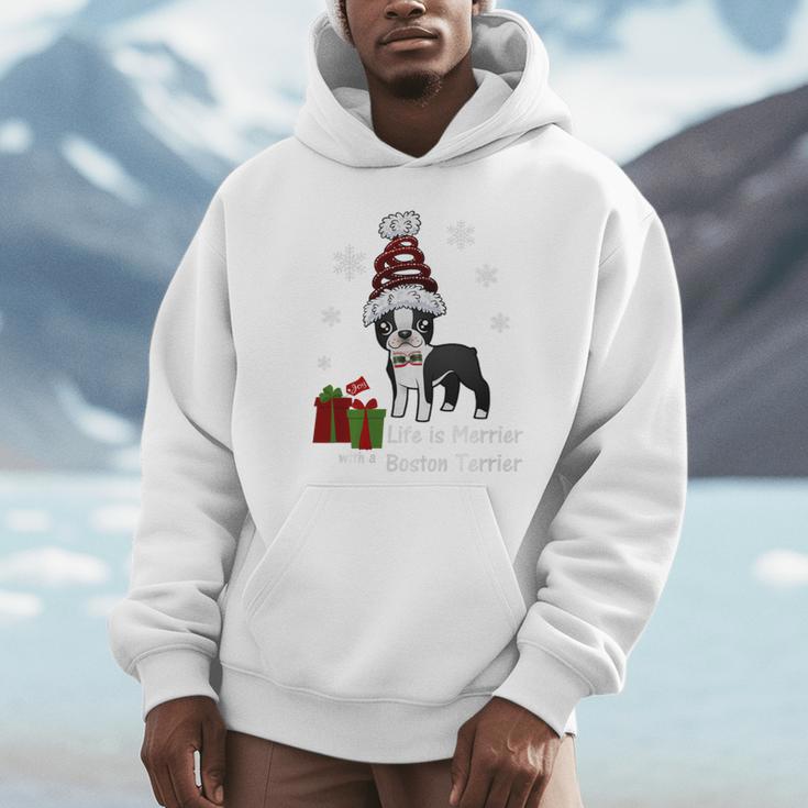 Boston Terrier Christmas T Shirt-Life Is Merrier Premium Tri-Blend Unisex Hoodie, novelty gifts, funny gifts
